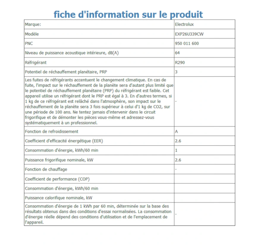 Electrolux EXP26U339CW Comfort 600 mobiles Klimagerät – 2600 W, Klasse A, R290, 64 dB