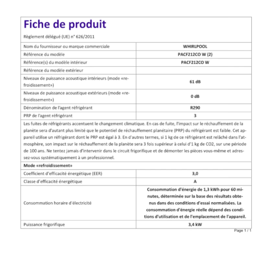 Whirlpool PACF212CO W Tragbare Klimaanlage – 12000 BTU, Klasse A, R290, 6th Sense