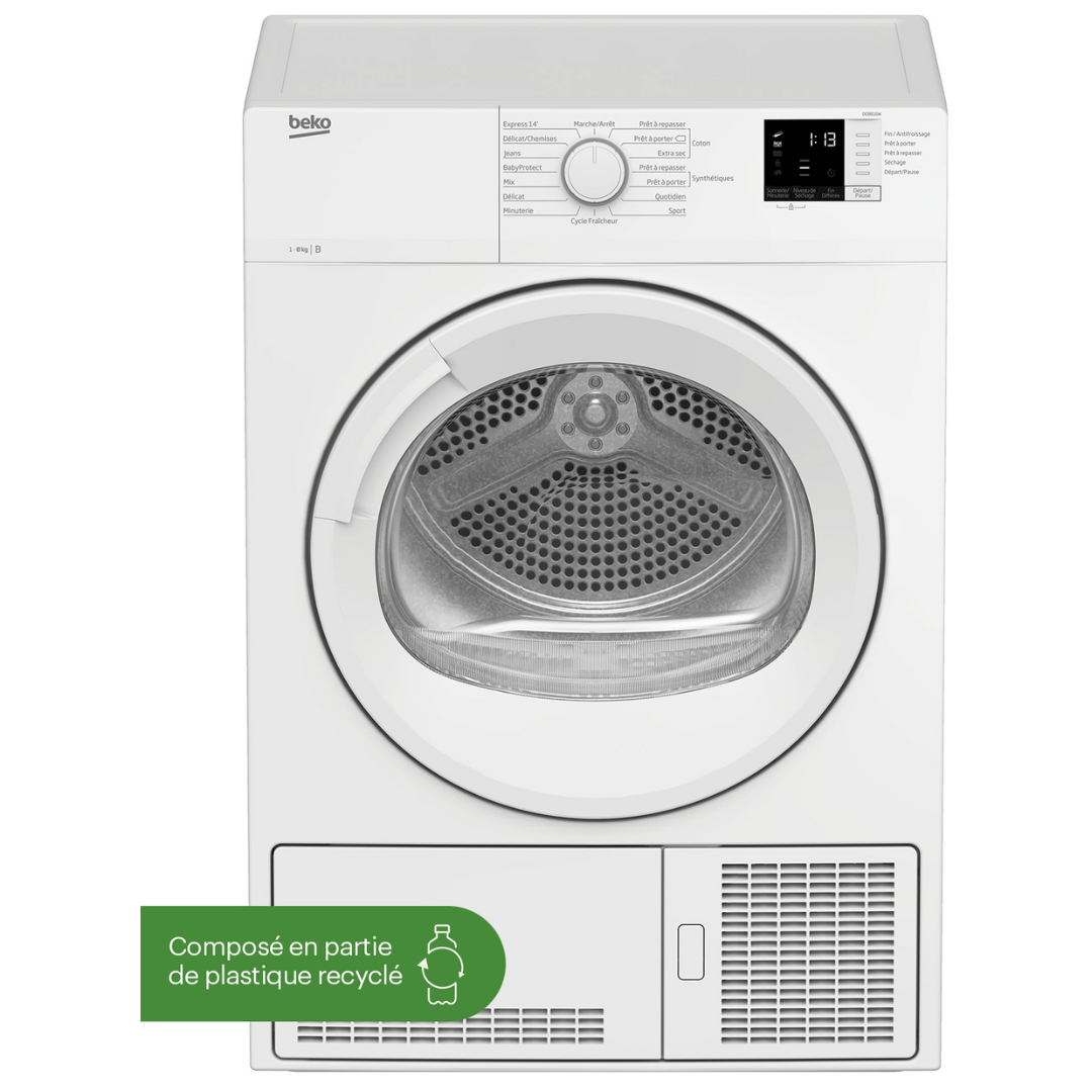 Séche-linge Beko DCB816W avec porte blanche et commandes sur le panneau frontal, vue de face.