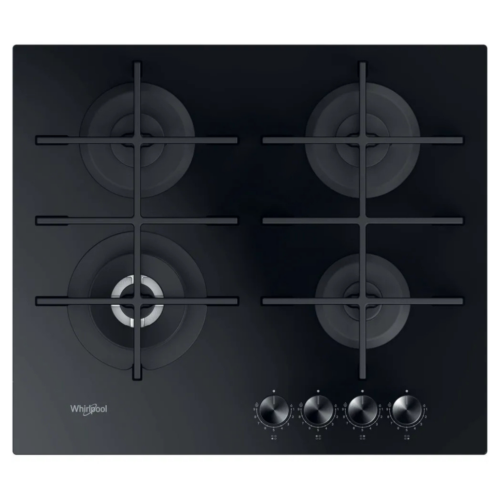 Table de cuisson Whirlpool GOWL628NBFR avec surface en verre noir et commandes tactiles, vue de l'angle.