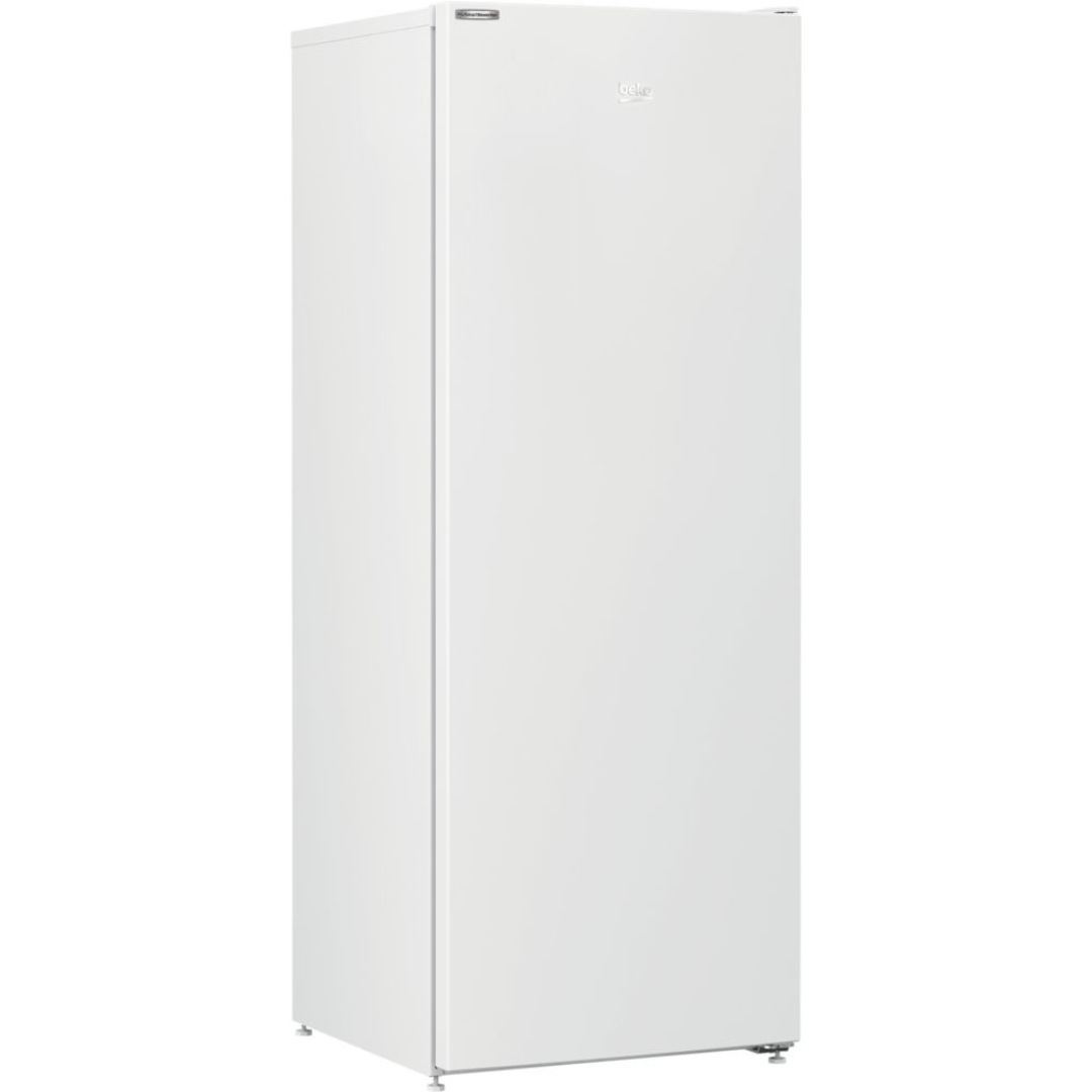 Congélateur BEKO RFNM200E40WN avec porte blanche, intérieur spacieux et compartiments de stockage pour aliments congelés.