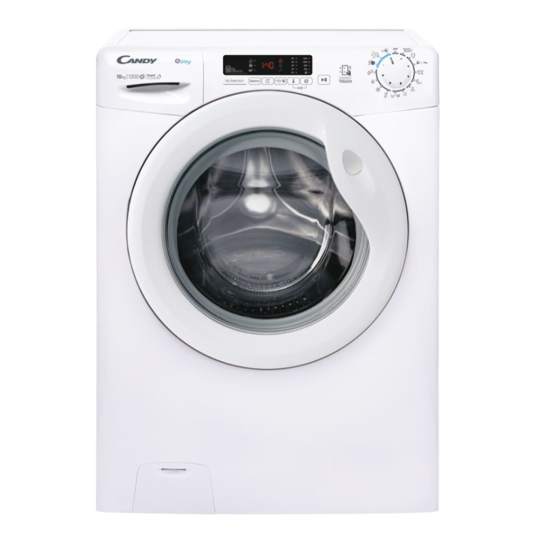 Lave-linge Candy EY12102DE/1-S en façade avec porte blanche et commandes en haut, vue de face.