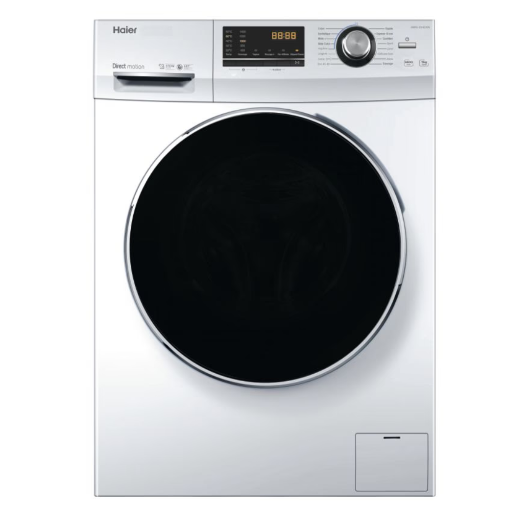 Lave-linge Haier HW90-B14636N avec porte en verre, affichage numérique et tambour en acier inoxydable.