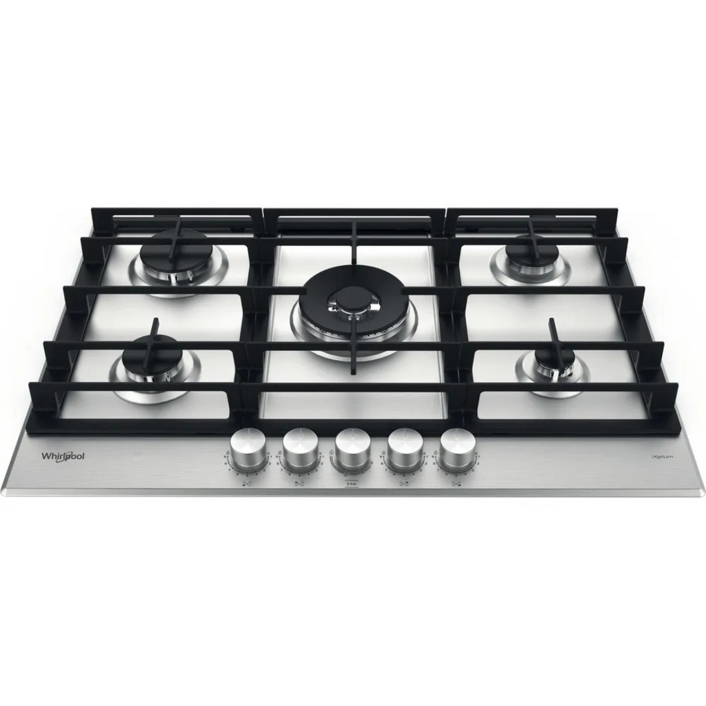 Table de cuisson Whirlpool GMWL 758/IXL avec surfaces en verre et commandes tactiles, vue de face.