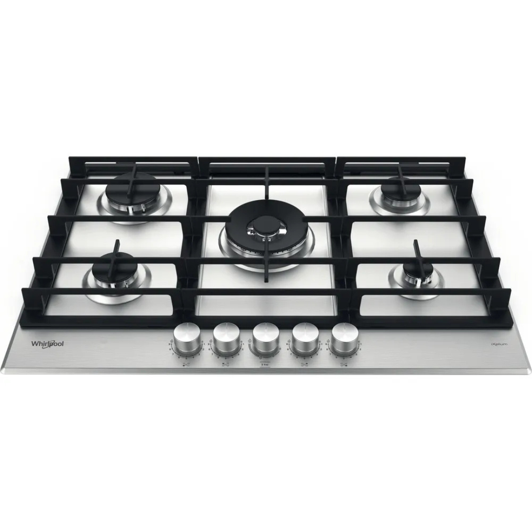 Table de cuisson Whirlpool GMWL 758/IXL avec surfaces en verre et commandes tactiles, vue de face.