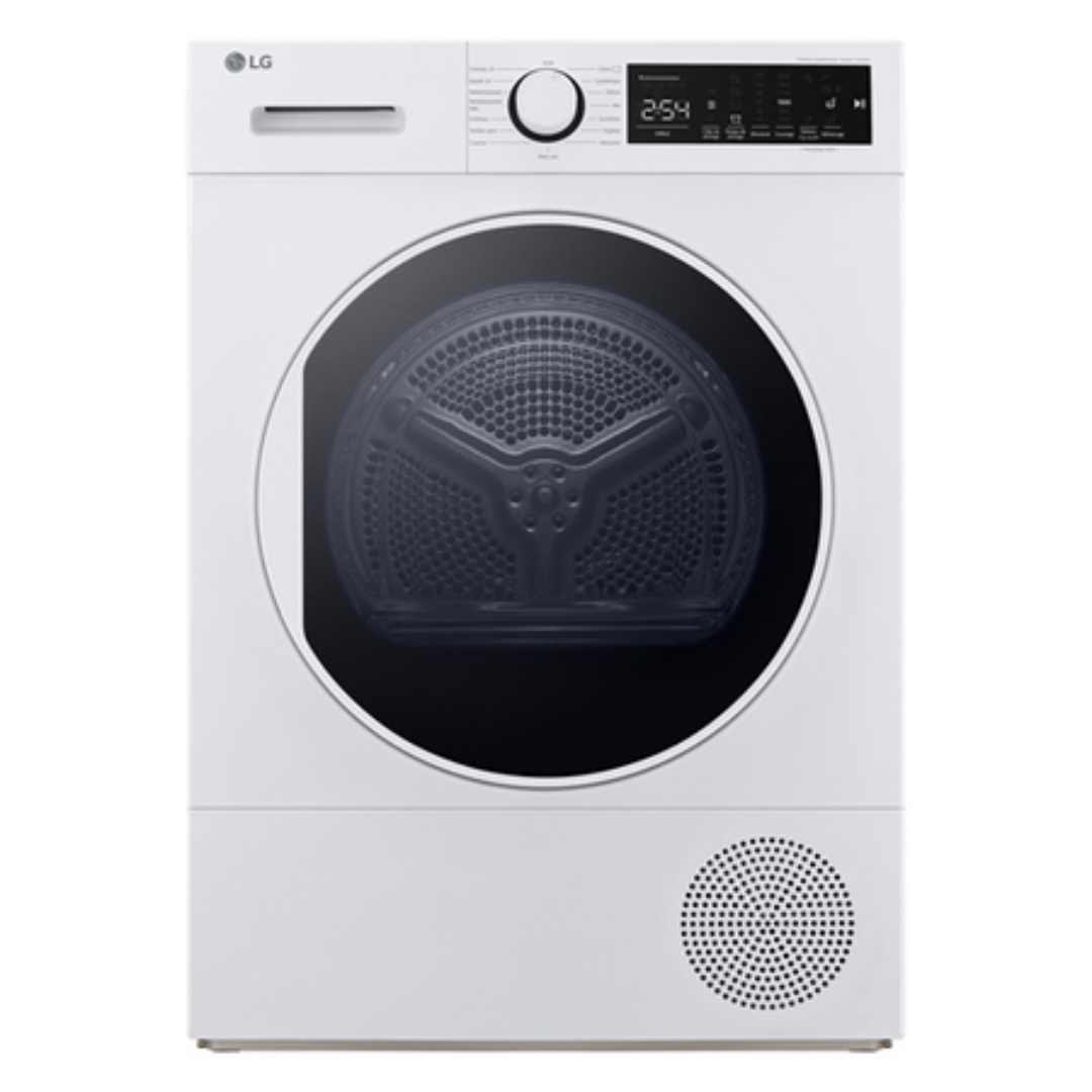 Sèche-linge LG RH8D13WH blanc avec porte en verre et commandes tactiles visibles, placé dans une buanderie moderne.