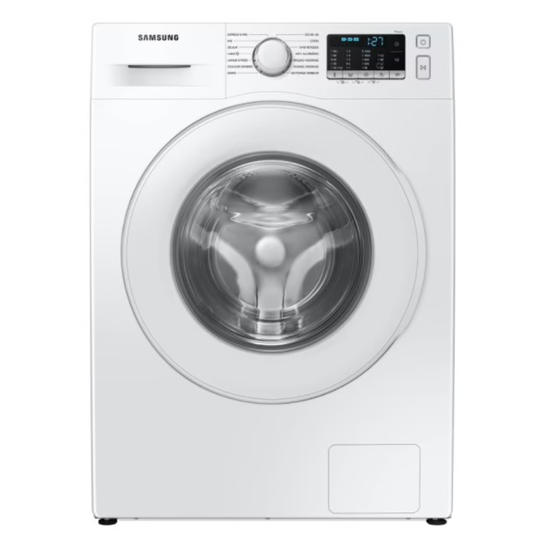 Lave-linge Samsung WW80TA026TE/EF avec porte en verre et panneau de contrôle numérique, vue de face.