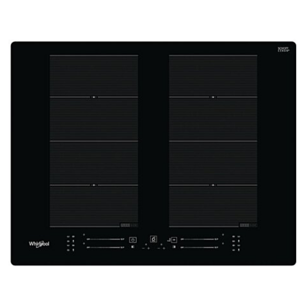 Table de cuisson induction encastrable Whirlpool WF S8865 NE avec zones de cuisson en verre noir et commandes tactiles.