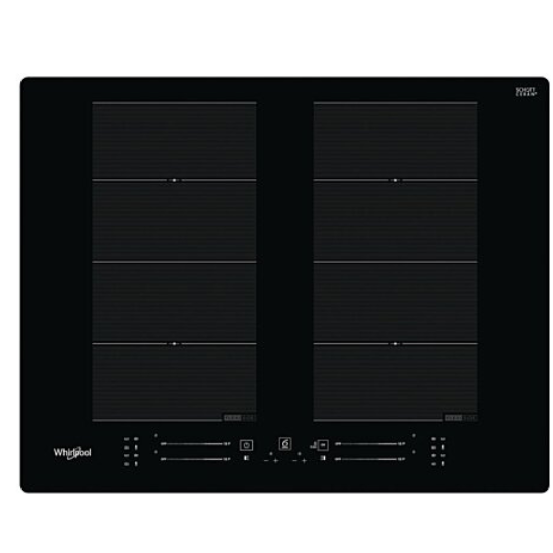 Table de cuisson induction encastrable Whirlpool WF S8865 NE avec zones de cuisson en verre noir et commandes tactiles.