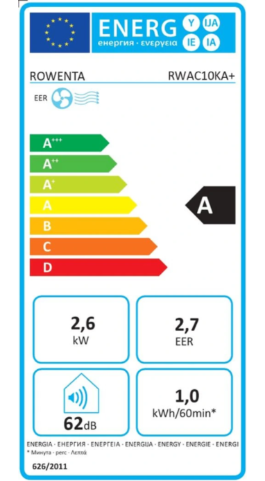 Rowenta RWAC10KA+ – Mobile Klimaanlage, 10.000 BTU, Klasse A, 4 Funktionen, 62 dB
