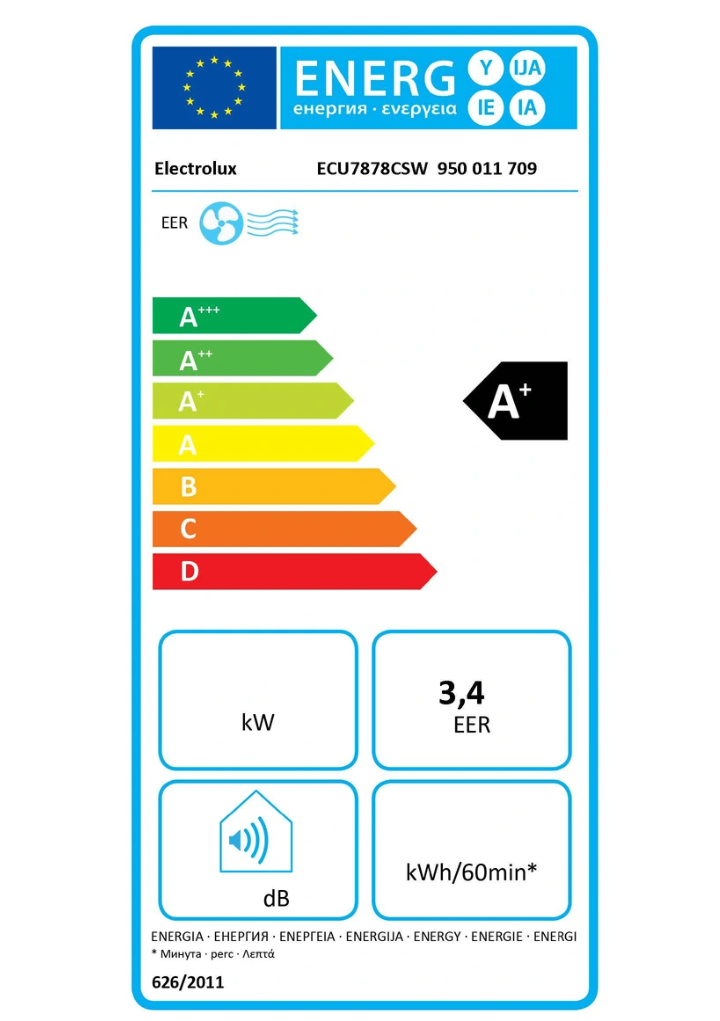 Electrolux ECU7878CSW Comfort 700 Mobiles Klimagerät – 3400 W, Klasse A+, Inverter, HEPA-Filter, 43 dB