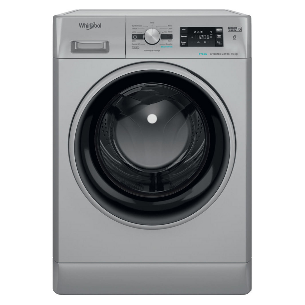 Lave-linge Whirlpool FFBP10469SBSVFR avec porte en verre et commandes numériques, vue de face.