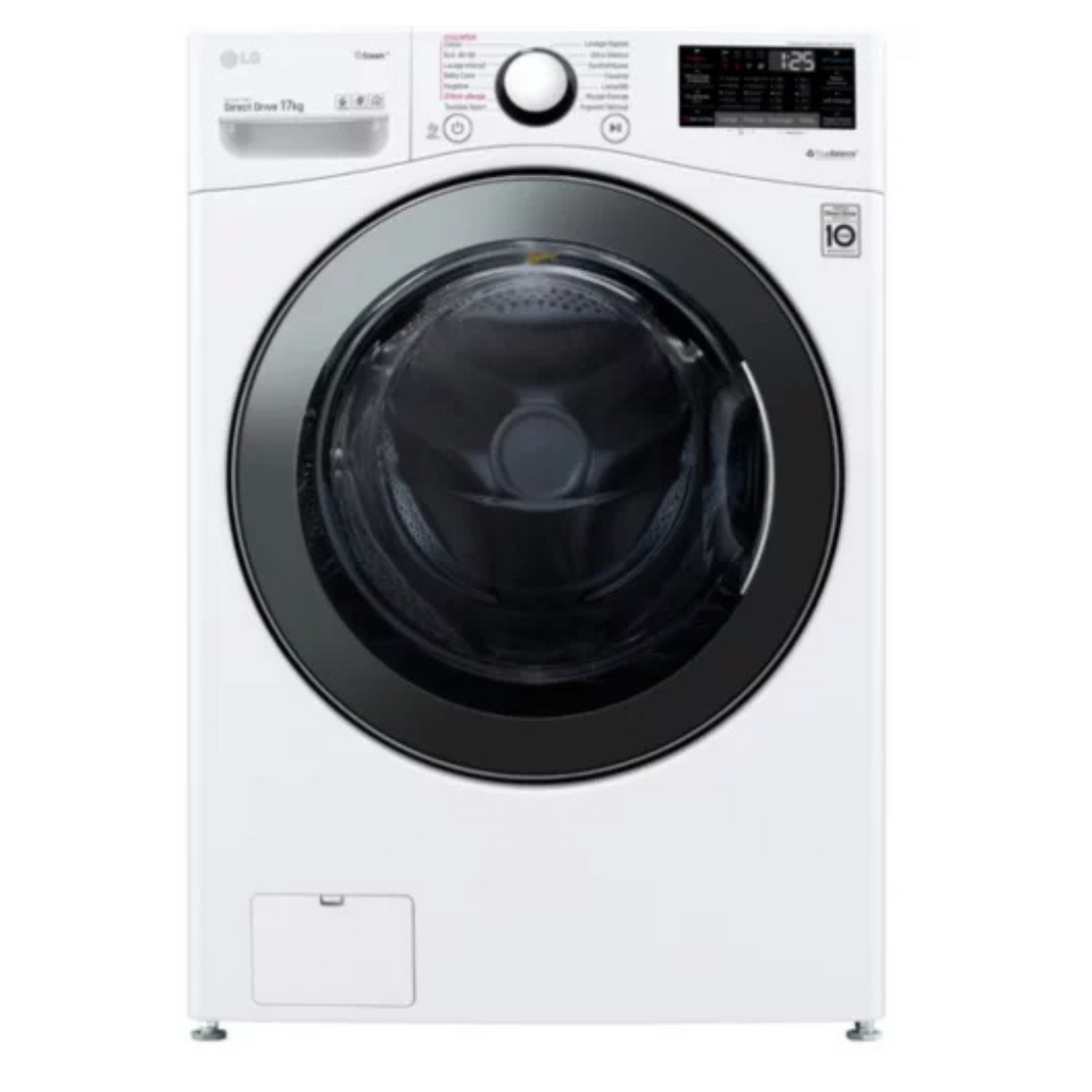 Lave-linge LG F71P12WHS avec porte blanche, affichage numérique et tambour en acier inoxydable visible sur l'image.