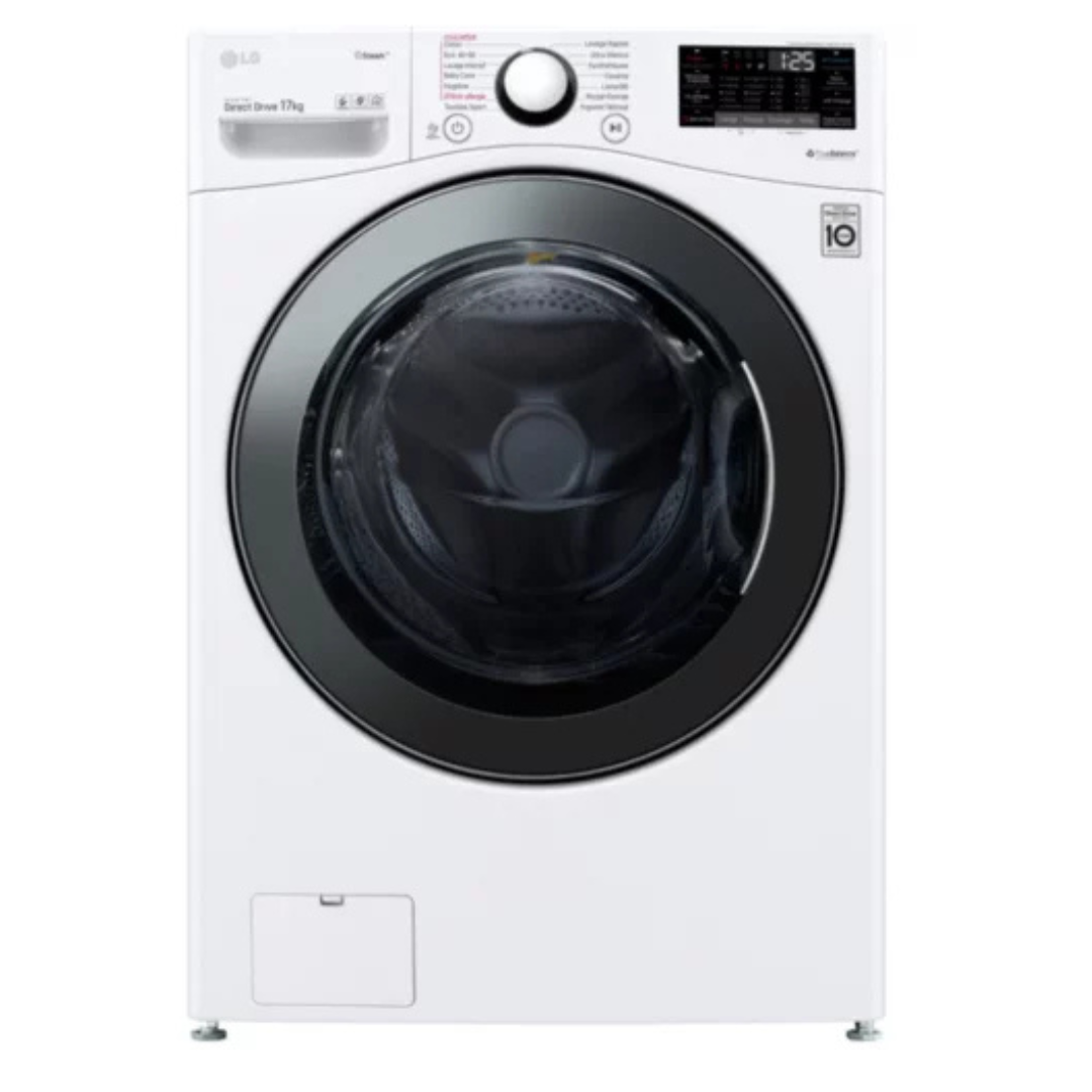 Lave-linge LG F71P12WHS avec porte blanche, affichage numérique et tambour en acier inoxydable visible sur l'image.