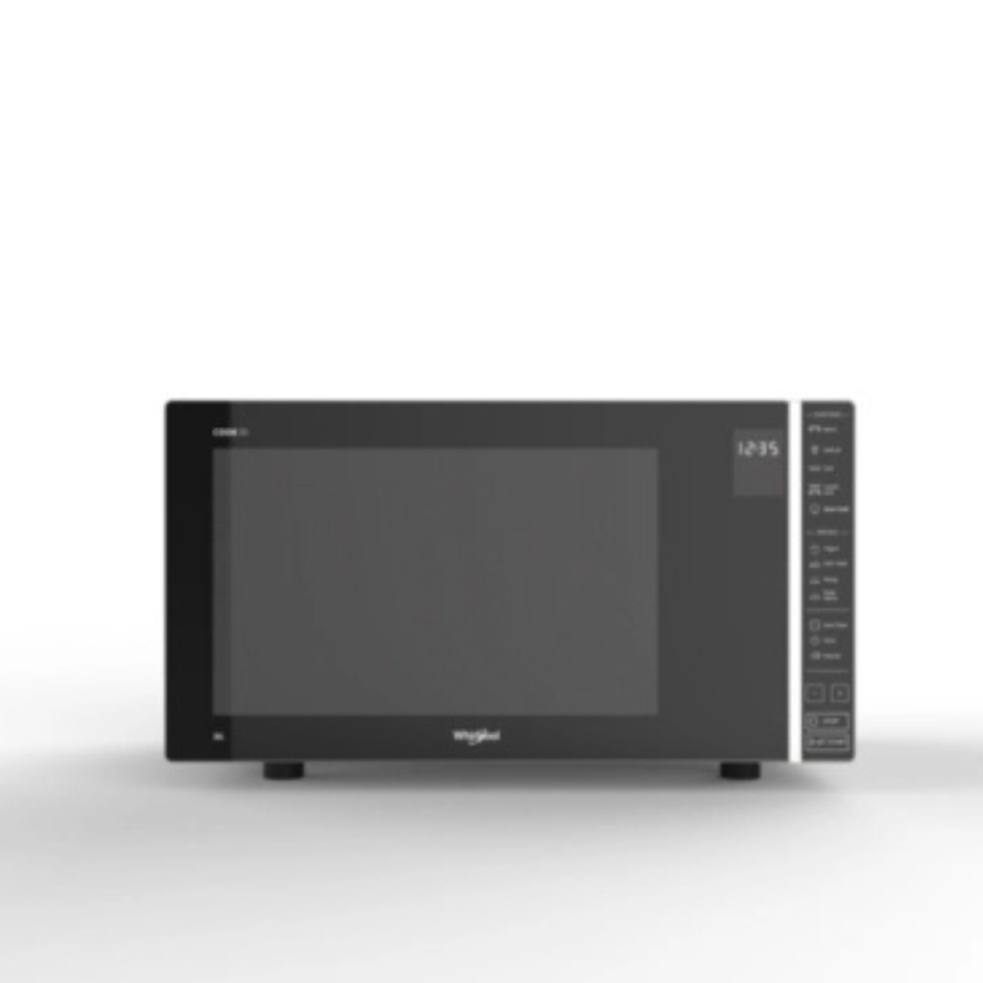 Micro-ondes Whirlpool MWP303SB avec porte en verre et boutons de commande, vue de face.