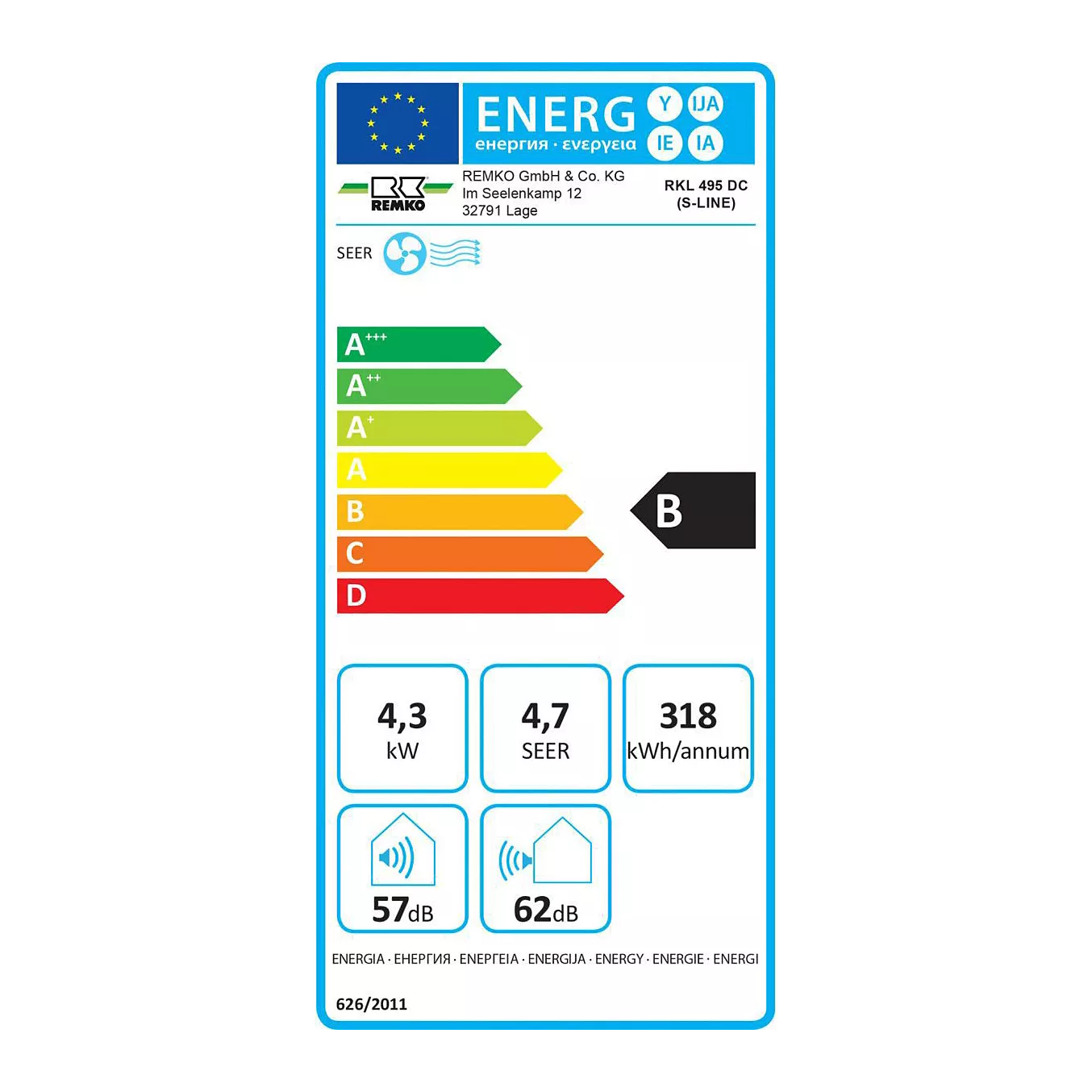 Mobiles Split-Klimagerät Remko RKL 495 DC – 4300 W, Klasse B, Inverter, 57 dB, 80 m²