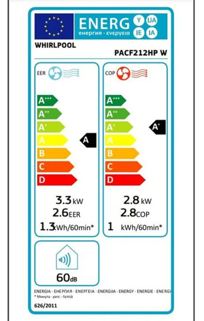 Mobiler Monoblock Klimaanlage Reversibel Whirlpool PACF212HPW – 3300 W, Klasse A/A+, R290, 6th Sense