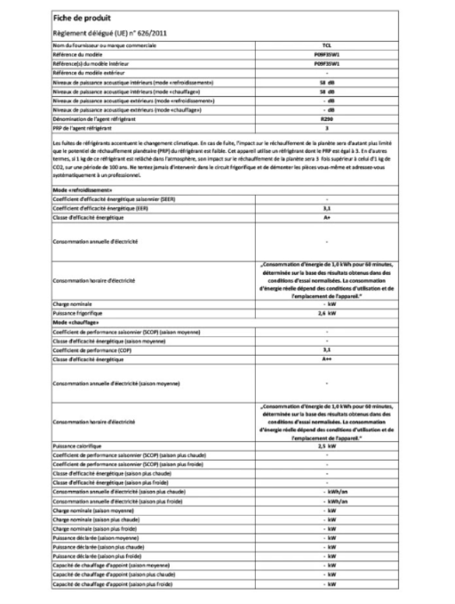 TCL P09F3SW1 Reversible Mobile Klimaanlage – 9000 BTU, Klasse A+/A++, Wi-Fi, 58 dB