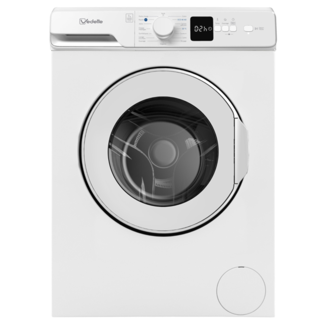 Lave-linge LF Vedette LFV274W avec porte blanche et panneau de contrôle en haut, vue de face.