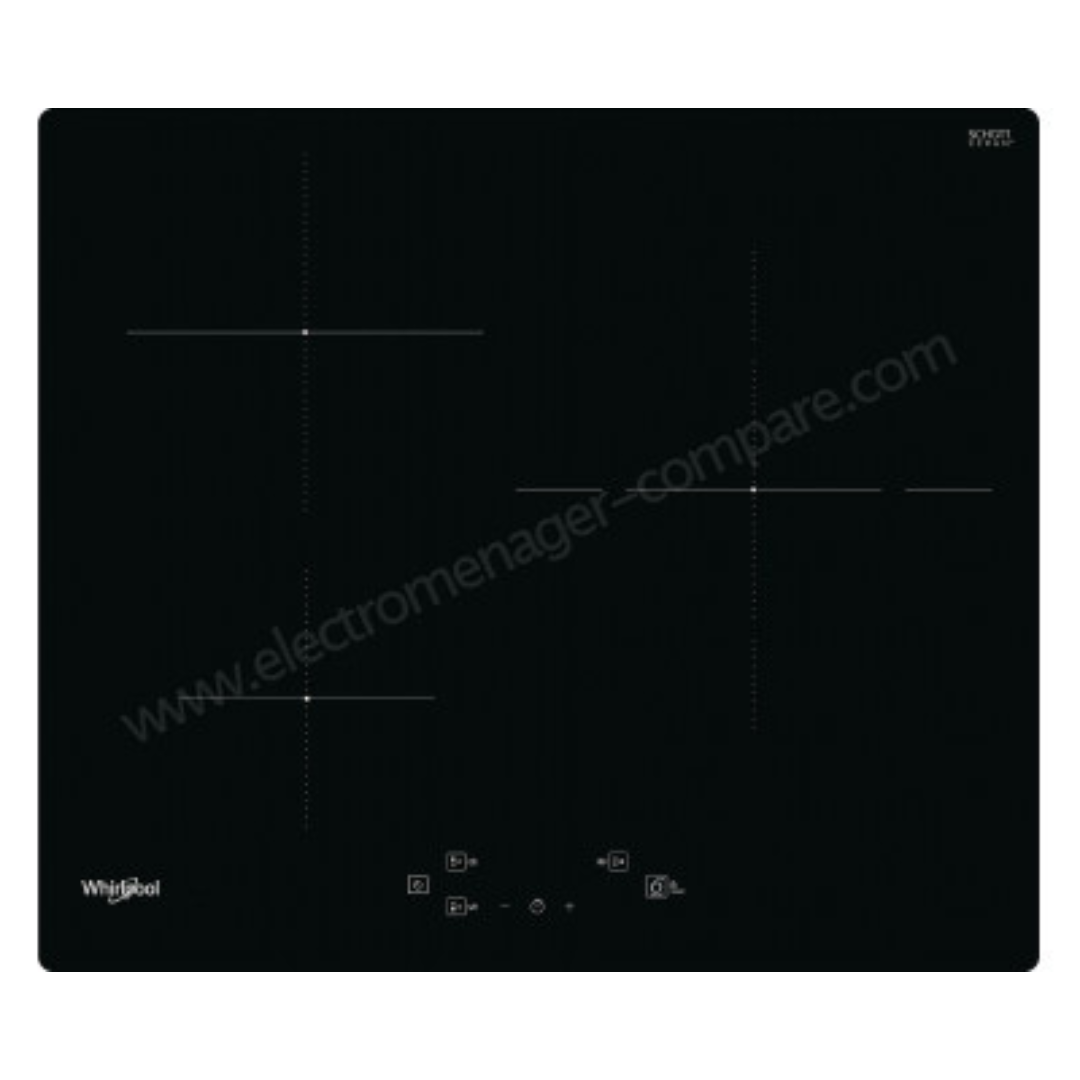 Table de cuisson à induction encastrable Whirlpool WSQ3860NE avec surface en verre noir et commandes tactiles modernes.