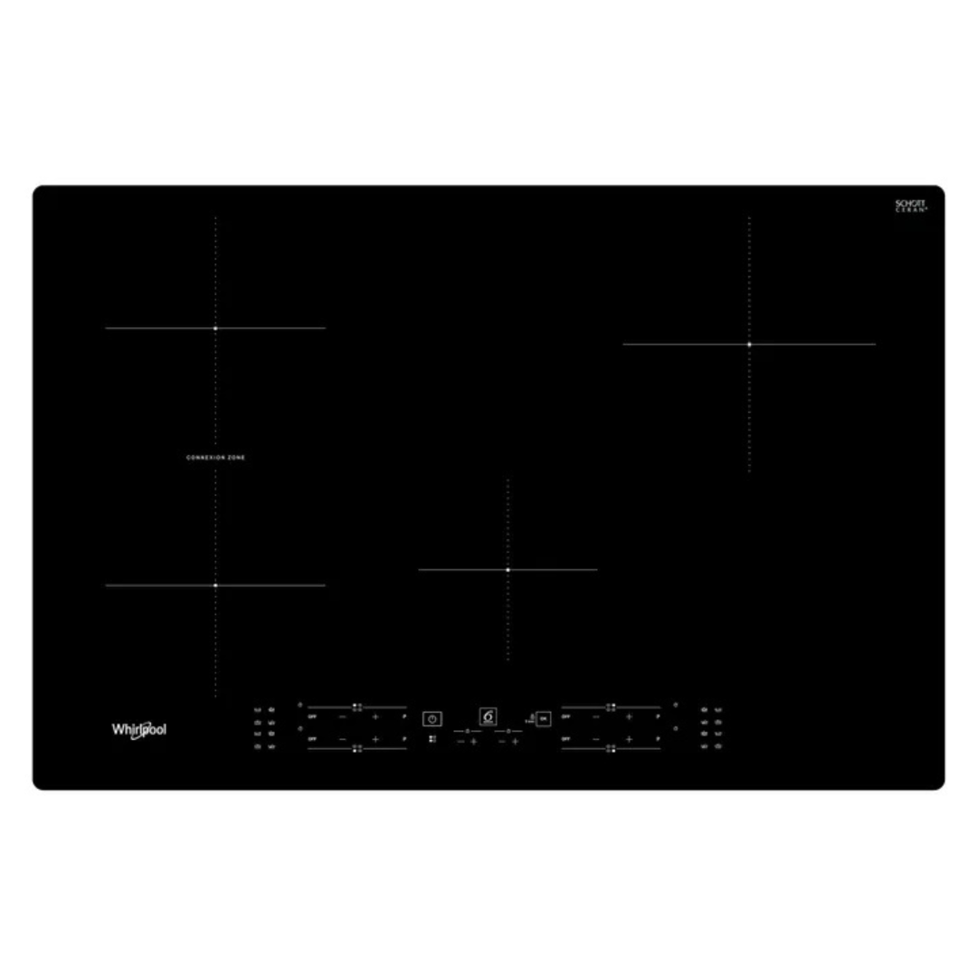 Table de cuisson Whirlpool WBB4877NE avec surface en verre et commandes tactiles visibles.
