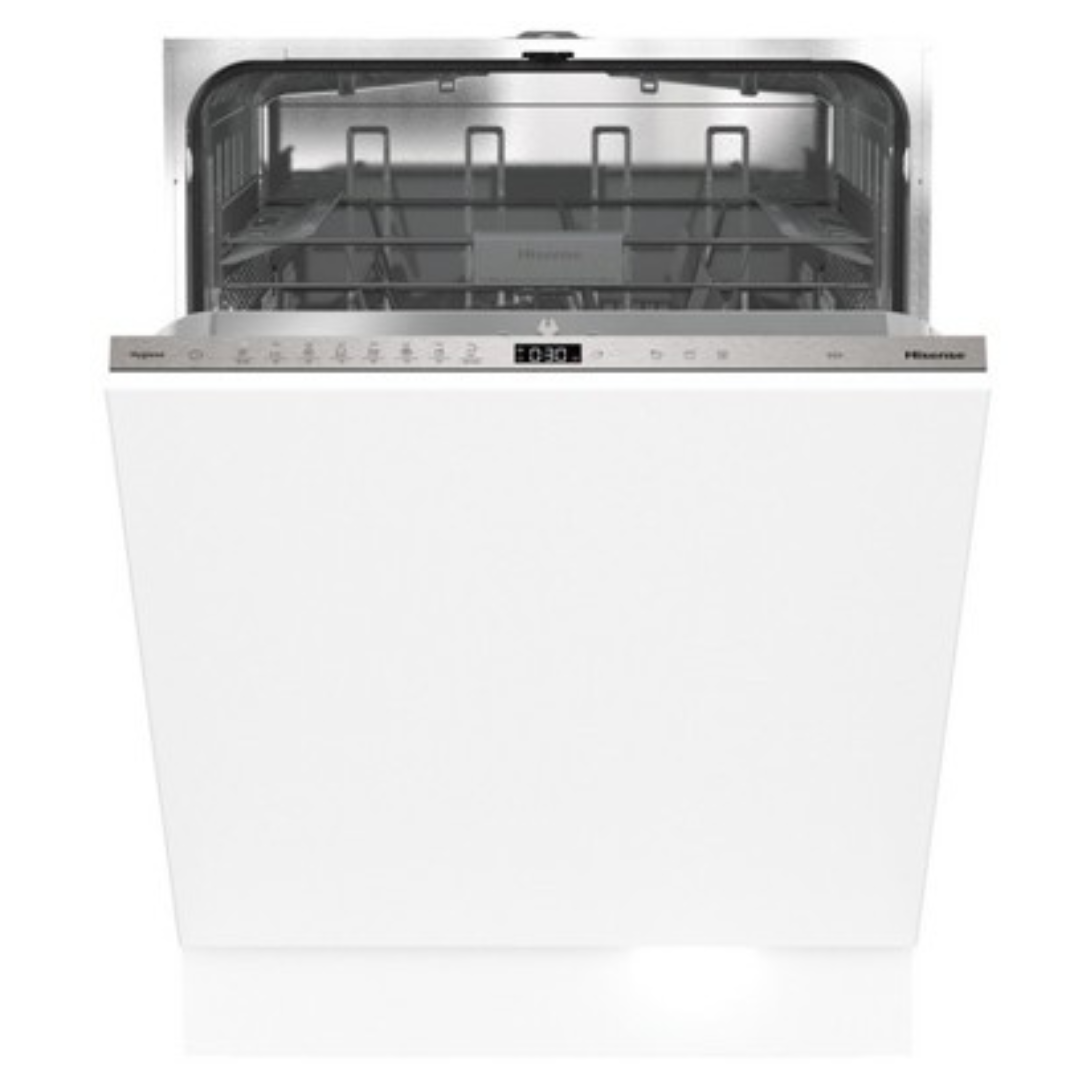 Lave-vaisselle Hisense HV662C60 avec porte ouverte, intérieur spacieux et paniers amovibles, vue de face.