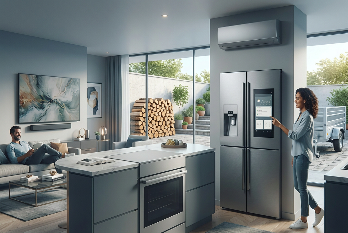 Cuisine moderne avec bois de chauffage et remorque à l’extérieur
